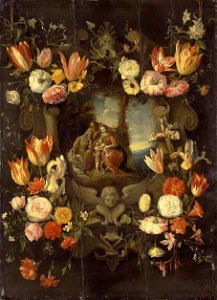 Jan Breughel (II) - Holy Family Framed with Flowers - WGA03606. Free illustration for personal and commercial use.