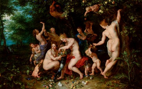 Jan Brueghel (I), (anonymous pupil of) Peter Paul Rubens - Nymphs Filling the Cornucopia. Free illustration for personal and commercial use.