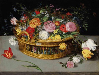 Jan breughel ii roses tulips bluebells and carnations in a wicker bask