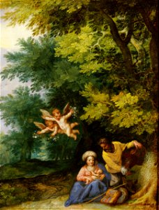 Jan Brueghel (I) and Hans Rottenhammer - Rest on the Flight into Egypt. Free illustration for personal and commercial use.
