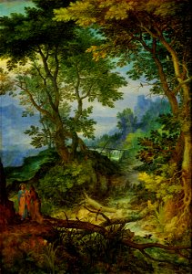 Jan Brueghel (I) - Mountain Landscape with the Temptation of Christ. Free illustration for personal and commercial use.