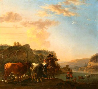 Jan Asselyn (after 1610-1652) - A Landscape with Peasants (Landscape with Herdsmen Fording a River) - 1535139 - National Trust. Free illustration for personal and commercial use.