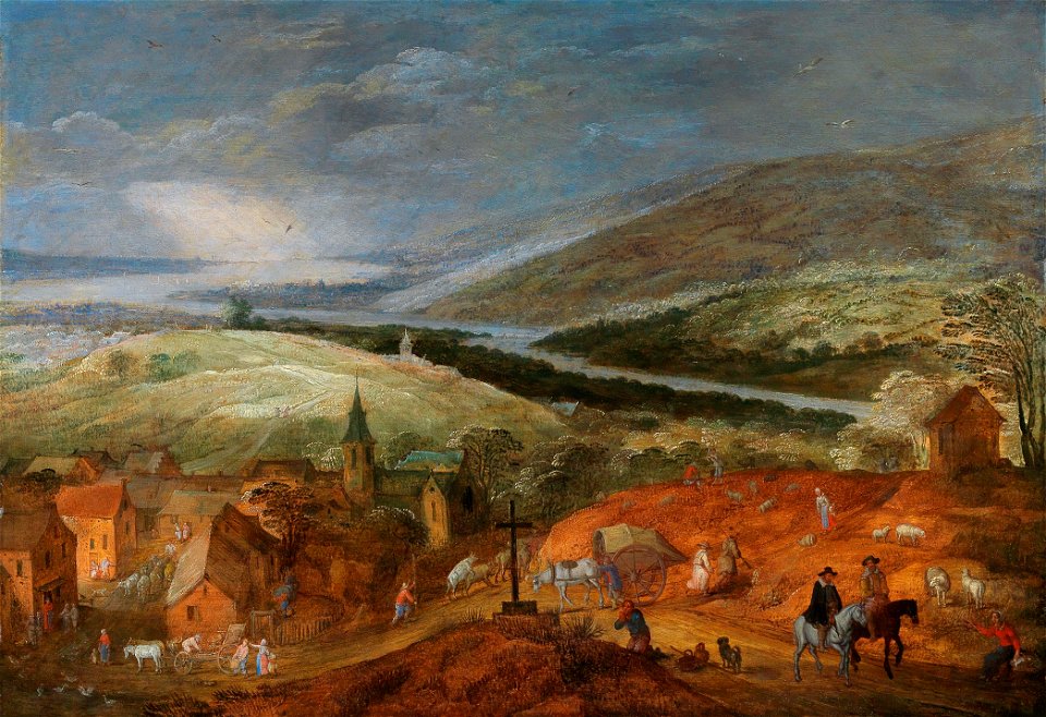Jan Brueghel II and Joos de Momper II - An extensive mountainous river landscape with travellers near a village