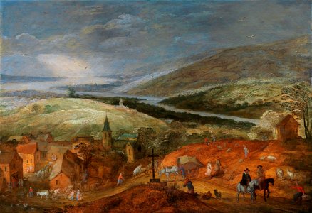 Jan Brueghel II and Joos de Momper II - An extensive mountainous river landscape with travellers near a village