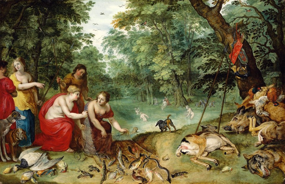 Jan Breughel (II) & Hendrick van Balen (I) - An Allegory of the Elements, earth, air and water Diana and her Nymphs after the Chase