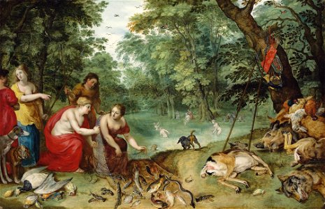 Jan Breughel (II) & Hendrick van Balen (I) - An Allegory of the Elements, earth, air and water Diana and her Nymphs after the Chase. Free illustration for personal and commercial use.