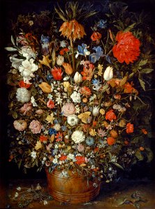Jan Brueghel d. Ä., , Kunsthistorisches Museum Wien, Gemäldegalerie - Großer Blumenstrauß in einem Holzgefäß - GG 570 - Kunsthistorisches Museum