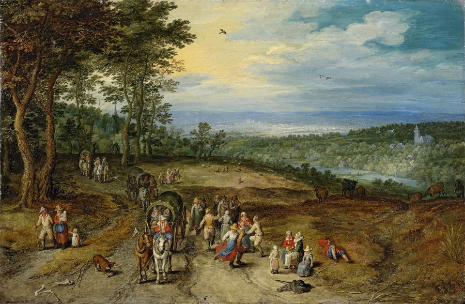Jan Brueghel de Oude - Landschap met reizigers en dansende boeren (1610)