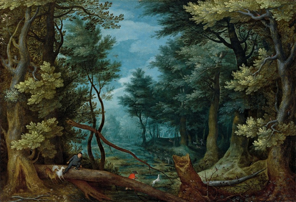 Jan Brueghel de Oude - Een boslandschap met jagers