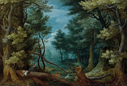 Jan Brueghel de Oude - Een boslandschap met jagers
