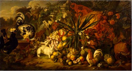 Jan Baptist Boel II - Still life with roosters and rabbits. Free illustration for personal and commercial use.