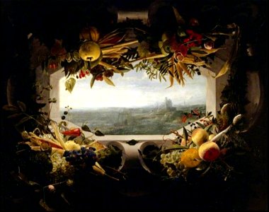Jan Anton van der Baren - Cartouche met vruchtenguirlande en een gezicht op een bergachtiglandschap - 1180908 - National Trust