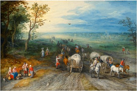 Jan Brueghel (I) - Panoramic landscape with travellers with horses carts and cattle. Free illustration for personal and commercial use.