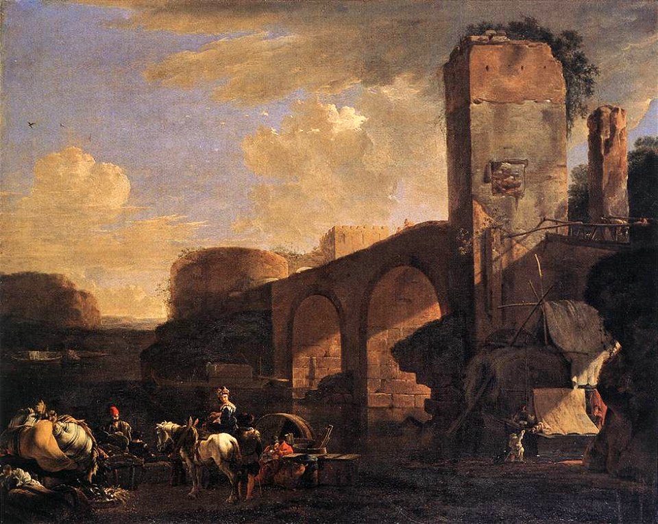 Jan Asselijn - Italianate Landscape with a River and an Arched Bridge - WGA01027