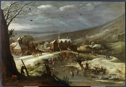 Jan Brueghel (I) and Joos de Momper (II) - Landscape with skaters. Free illustration for personal and commercial use.