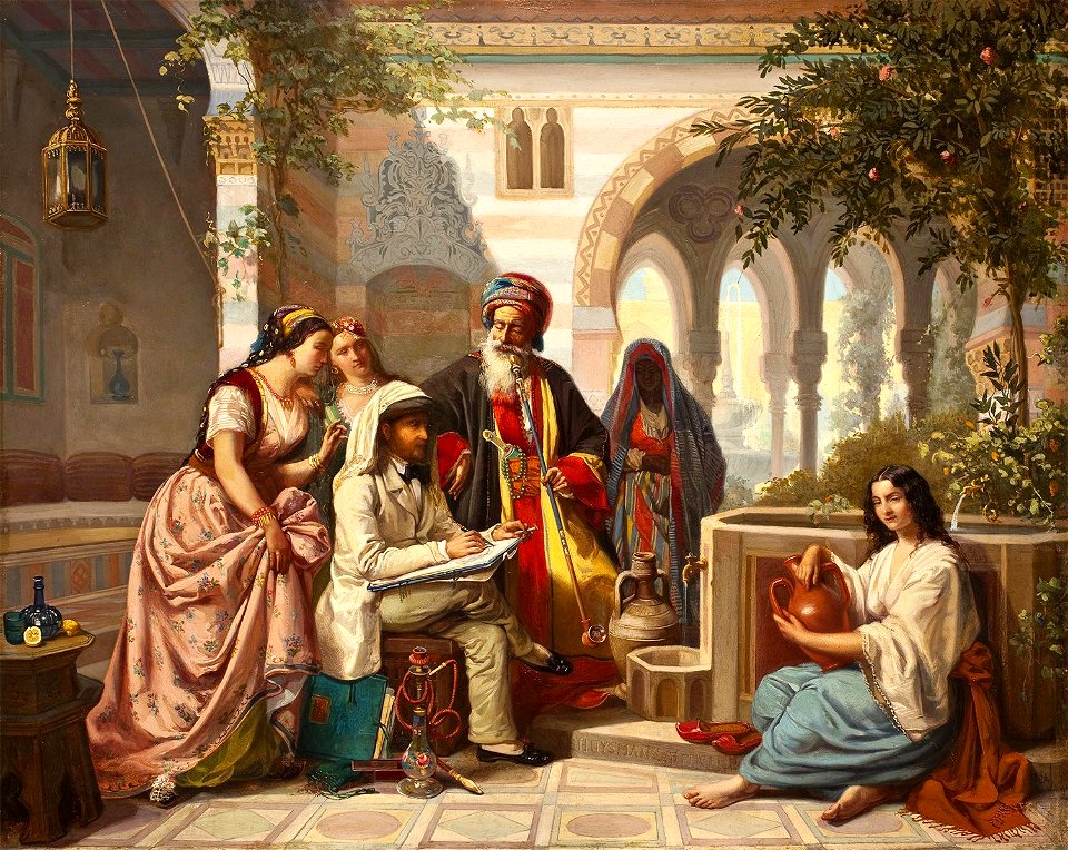 Jan Baptist Huysmans - The artist sketching in a courtyard in Damascus