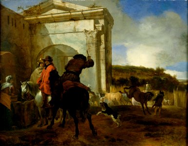 Jan Baptist Weenix - Italian Landscape with Horsemen by a Spring - Google Art Project. Free illustration for personal and commercial use.