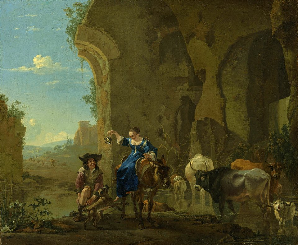 Jan Asselijn - Italianate landscape with travellers by a stream with cattle 2019 CKS 17195 0010