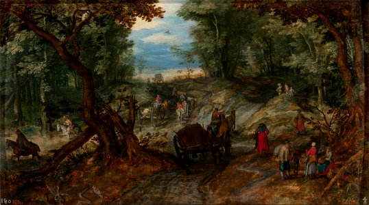 Jan Brueghel (I) - Forest with carts crossing a stream and riders. Free illustration for personal and commercial use.