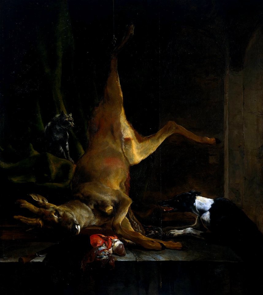 Jan Baptist Weenix - A Dog and a Cat near a Partially Disembowelled Deer