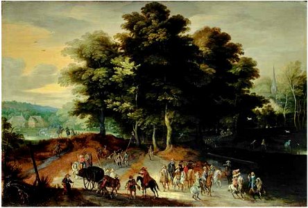 Jan Brueghel (II) and Peter Snayers - Wide wooded landscape with soldiers on horseback. Free illustration for personal and commercial use.