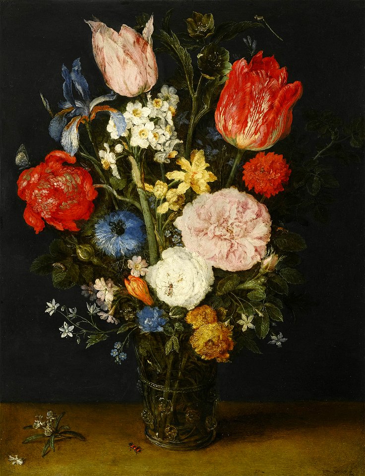 Jan Brueghel I - Still Life with Tulips, Chrysanthemums, Narcissi, Roses, Irises and other Flowers in a Glass Vase, 1608-1610