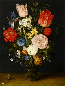 Jan Brueghel I - Still Life with Tulips, Chrysanthemums, Narcissi, Roses, Irises and other Flowers in a Glass Vase, 1608-1610