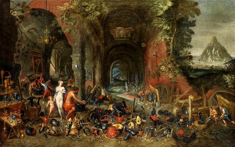 Jan Brueghel (I) and Hendrick van Balen (I) - Allegory of Fire; Venus in the Forge of Vulcan. Free illustration for personal and commercial use.