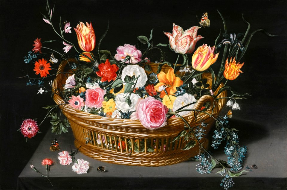 Jan Breughel the Younger - Still Life of Flowers in a Basket on a Stone Ledge
