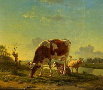 Jan Baptiste de Jonghe (1785-1844) - Cattle and Sheep by a River - 13754 - National Trust. Free illustration for personal and commercial use.