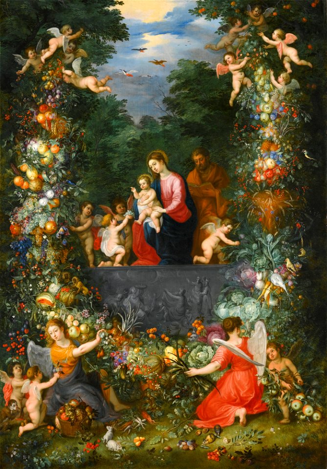 Jan Brueghel the Younger and Hendrik van Balen the Elder - The Holy Family Within a Garland of Fruit, Flowers and Vegetables Held by Angels