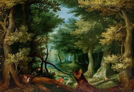 Jan Brueghel (I) - Forest landscape with deer hunt