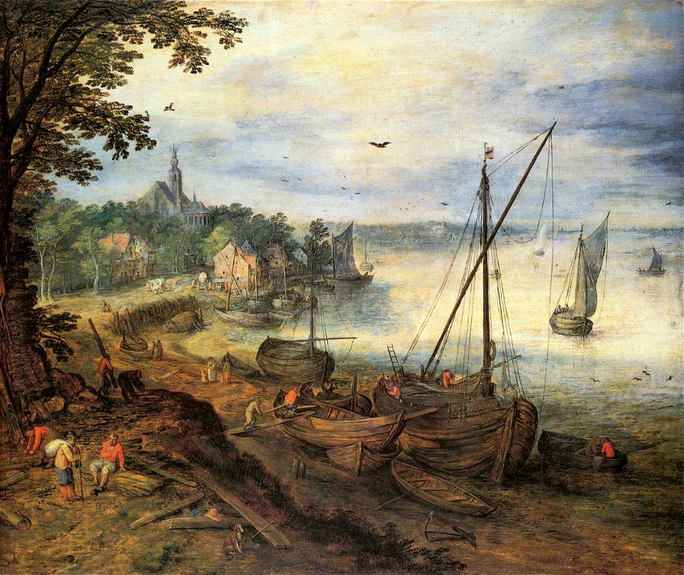 Jan Brueghel (I) - River Landscape with Lumbermen - WGA03567