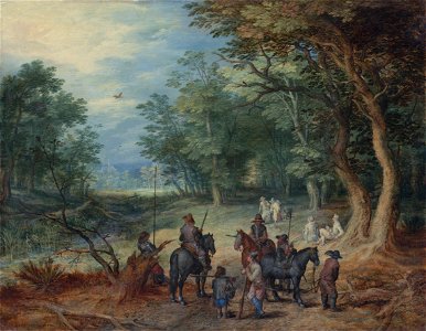 Jan Brueghel (I) - Guards in a Forest Clearing - WGA03561. Free illustration for personal and commercial use.