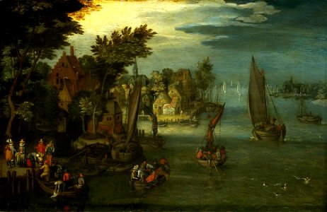Jan Bruegel - A Busy River Scene with Dutch Vessels and a Ferry. Free illustration for personal and commercial use.