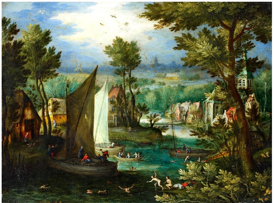 Jan Brueghel dÄ Flusslandschaft mit Badenden und Segelbooten