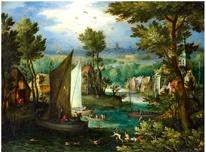 Jan Brueghel dÄ Flusslandschaft mit Badenden und Segelbooten. Free illustration for personal and commercial use.