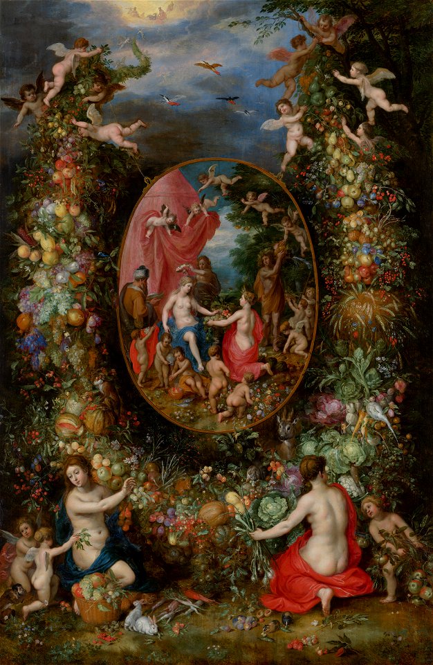 Jan Brueghel de Oude ^ Hendrik van Balen - Krans van vruchten rond een voorstelling met Cybele die geschenken ontvangt van personificaties van de vier jaargetijden - 233 - Mauritshuis