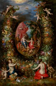 Jan Brueghel de Oude ^ Hendrik van Balen - Krans van vruchten rond een voorstelling met Cybele die geschenken ontvangt van personificaties van de vier jaargetijden - 233 - Mauritshuis