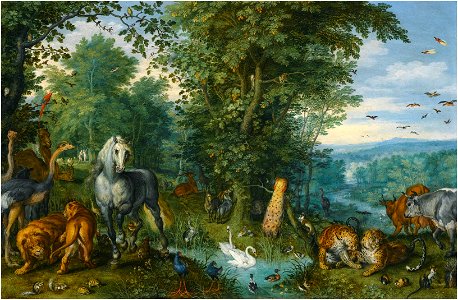 Jan Brueghel the Elder - The Garden of Eden with the Fall of Man. Free illustration for personal and commercial use.