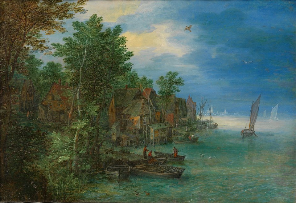 Jan Brueghel - Gezicht op een dorp aan een rivier
