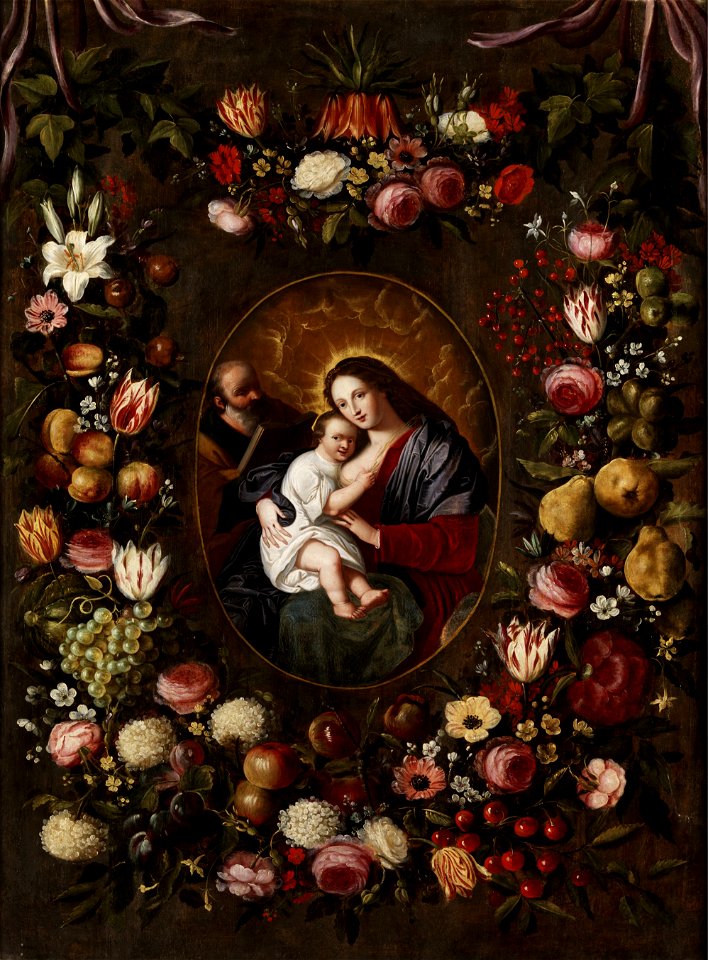 Jan Brueghel II, Jan van Balen (attr.) - Flower garland with Holy Family