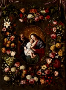 Jan Brueghel II, Jan van Balen (attr.) - Flower garland with Holy Family