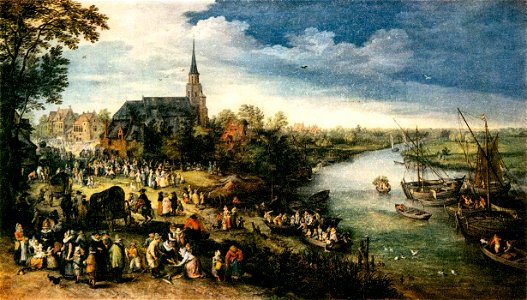 Jan Brueghel (I) - Fair at a Riverside Village - WGA03553. Free illustration for personal and commercial use.