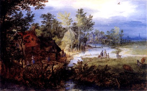 Jan Brueghel (I) - Village Scene with Figures and Cows - WGA03571. Free illustration for personal and commercial use.