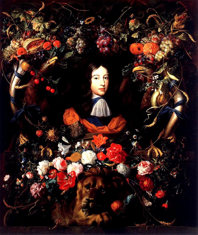 Jan Davidsz. de Heem - Garland of Flowers and Fruit with the Portrait of Prince William III of Orange - WGA11280