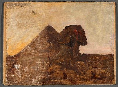 Jan Ciągliński - Evening in the desert – Sphinx and pyramid. From the journey to Egypt - MP 1606 MNW - National Museum in Warsaw. Free illustration for personal and commercial use.