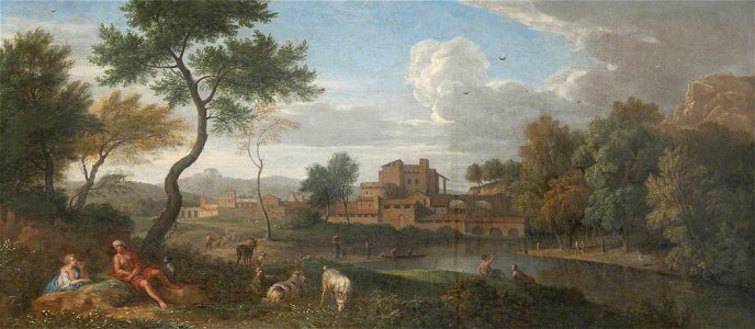 Jan Frans van Bloemen (1662-1749) (style of) - Italianate River Landscape with Figures and a Town by a River - 1548143 - National Trust. Free illustration for personal and commercial use.