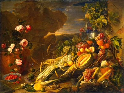 Jan Davidsz. de Heem - Fruit and a Vase of Flowers - WGA11279. Free illustration for personal and commercial use.