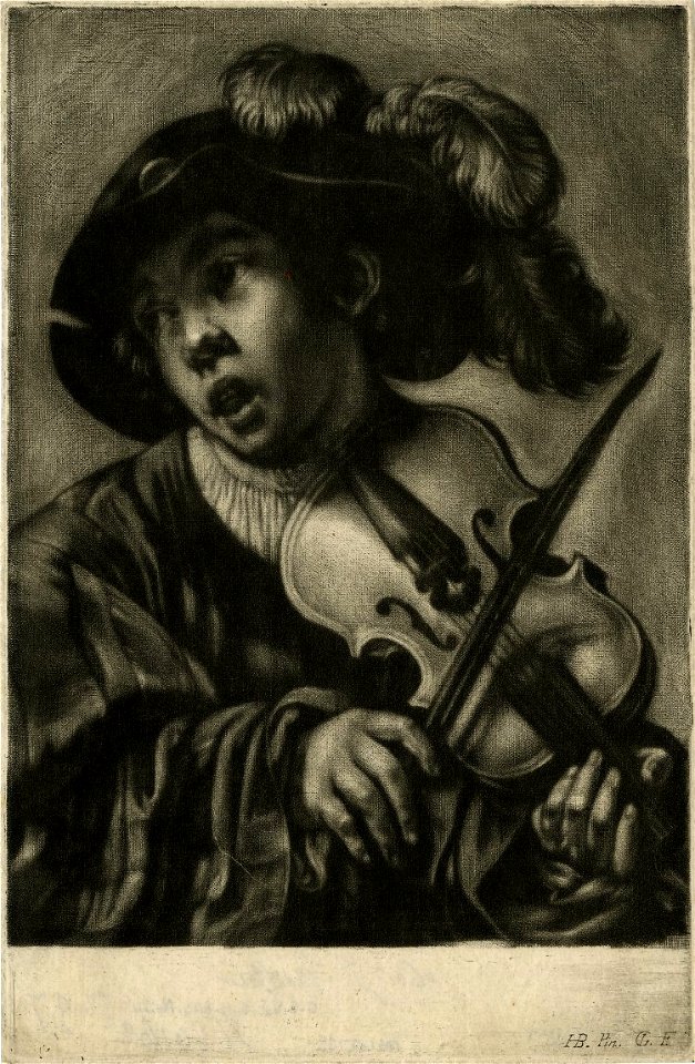 Jan Griffier - Boy playing a violin - mezzotint